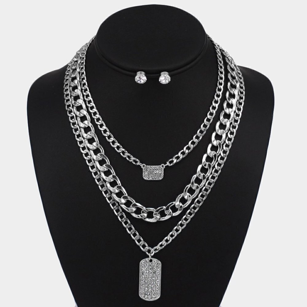 NEW 3 Pcs Silver Rhinestone Dog Tag Army Chunky Chain Necklace